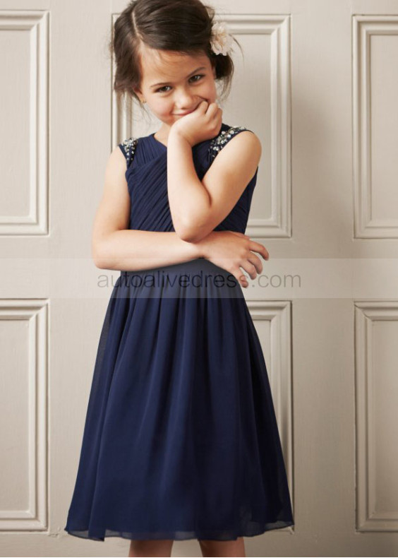 Navy Blue Pleated Chiffon Knee Length Flower Girl Dress